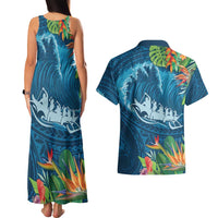 Outrigger Canoe Blue Couples Matching Tank Maxi Dress and Hawaiian Shirt On The Waves
