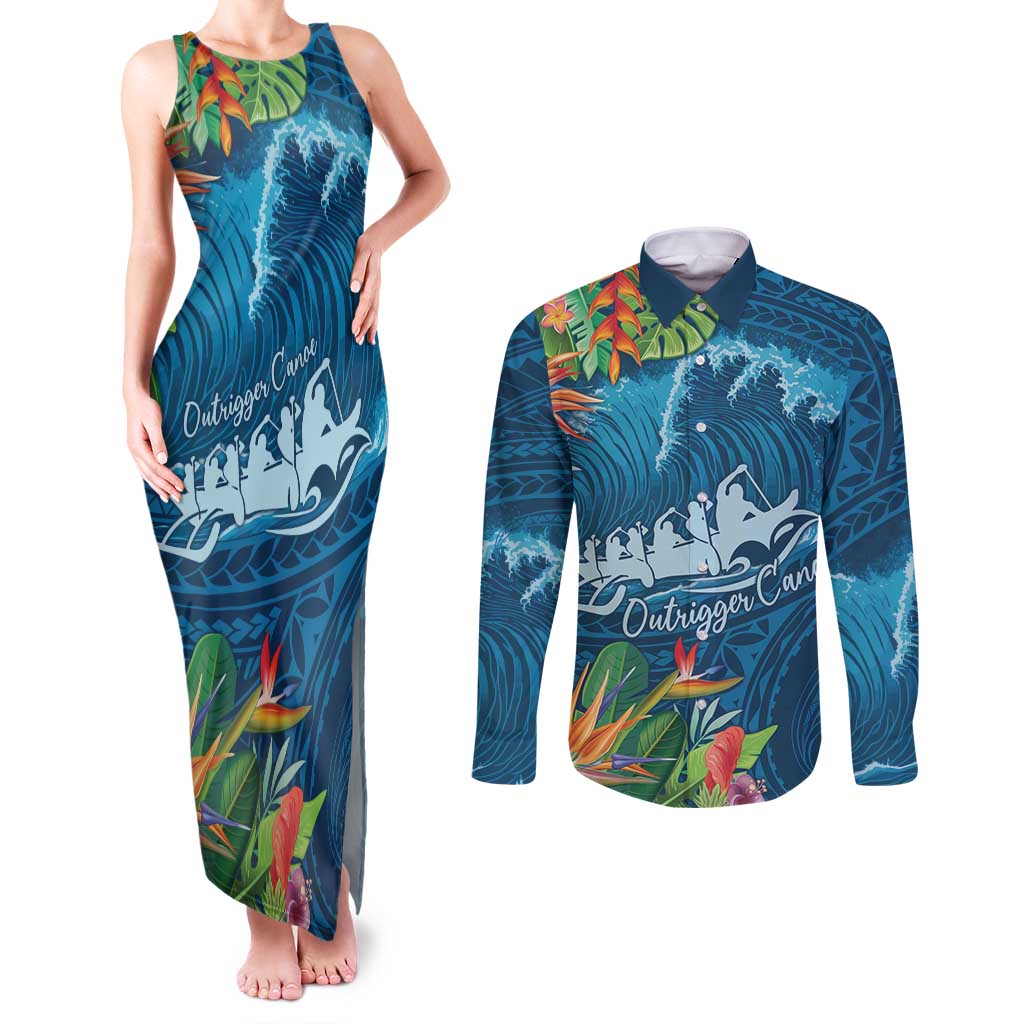 Outrigger Canoe Blue Couples Matching Tank Maxi Dress and Long Sleeve Button Shirt On The Waves