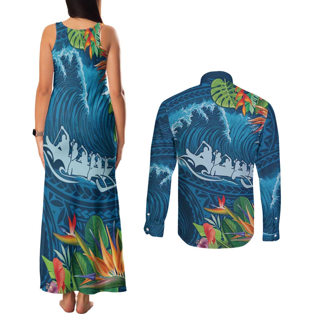 Outrigger Canoe Blue Couples Matching Tank Maxi Dress and Long Sleeve Button Shirt On The Waves