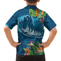 Outrigger Canoe Blue Family Matching Long Sleeve Bodycon Dress and Hawaiian Shirt On The Waves LT7 - Polynesian Pride