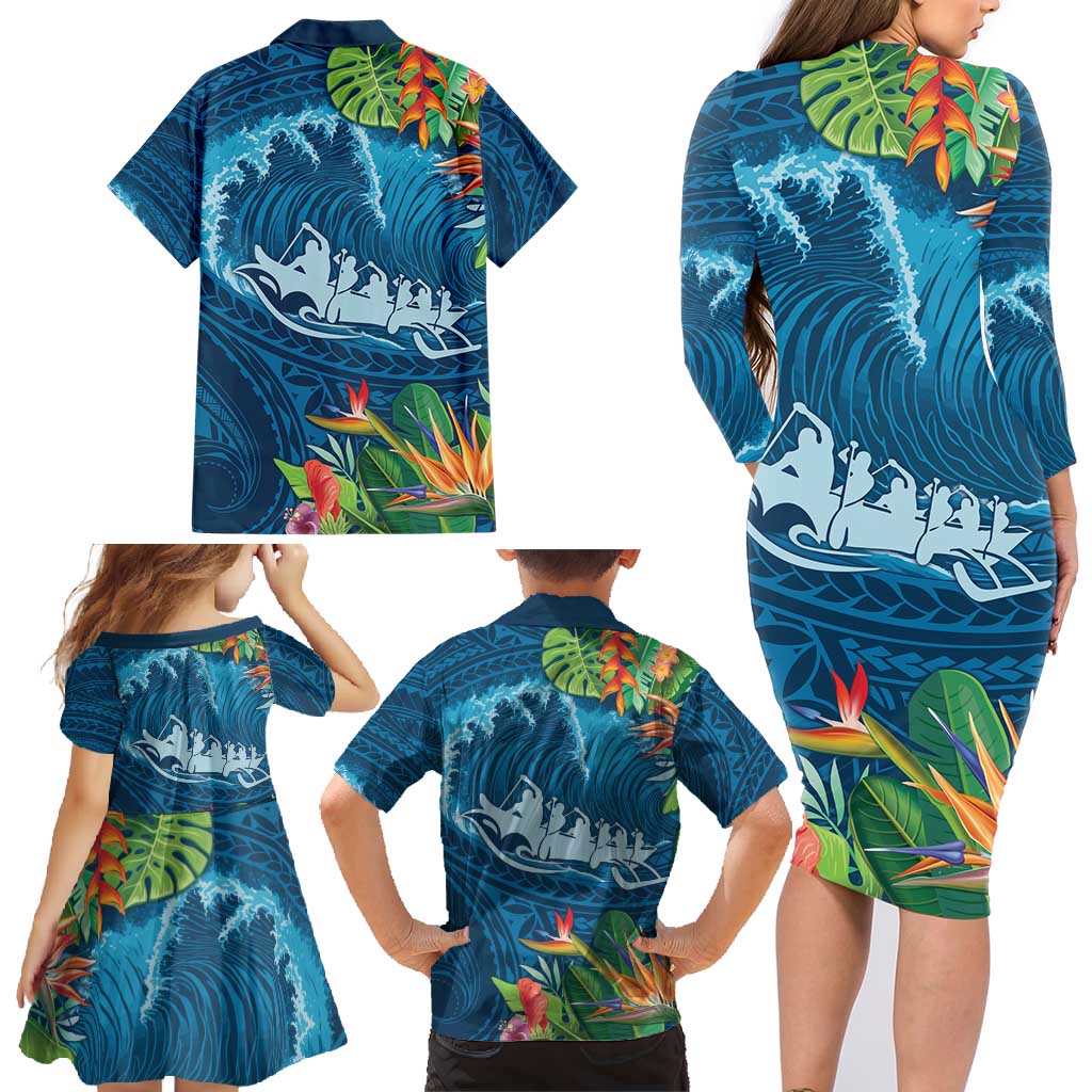 Outrigger Canoe Blue Family Matching Long Sleeve Bodycon Dress and Hawaiian Shirt On The Waves LT7 - Polynesian Pride