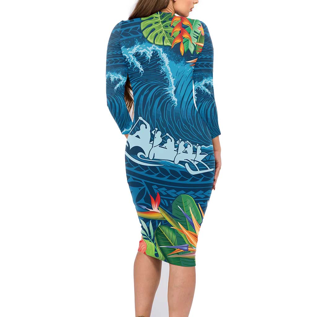 Outrigger Canoe Blue Family Matching Long Sleeve Bodycon Dress and Hawaiian Shirt On The Waves LT7 - Polynesian Pride