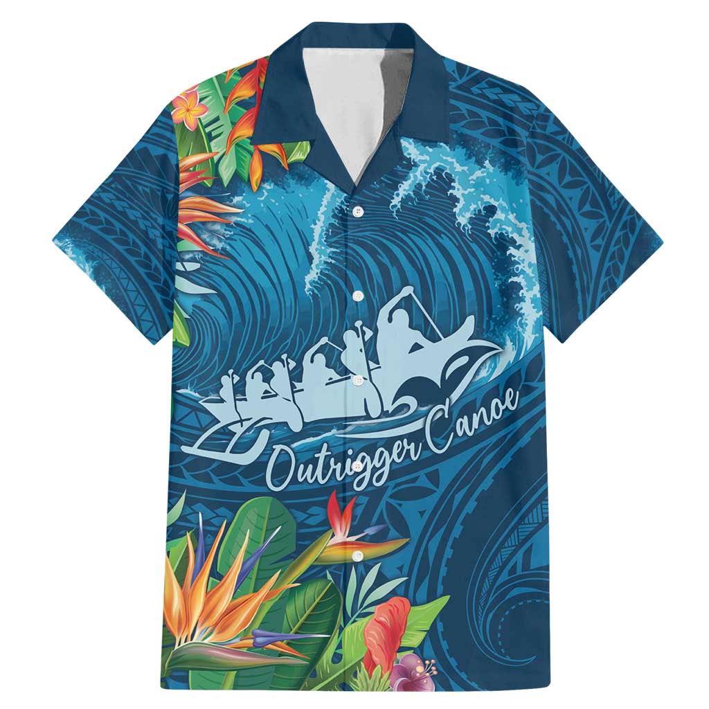 Outrigger Canoe Blue Family Matching Mermaid Dress and Hawaiian Shirt On The Waves LT7 Dad's Shirt - Short Sleeve Blue - Polynesian Pride