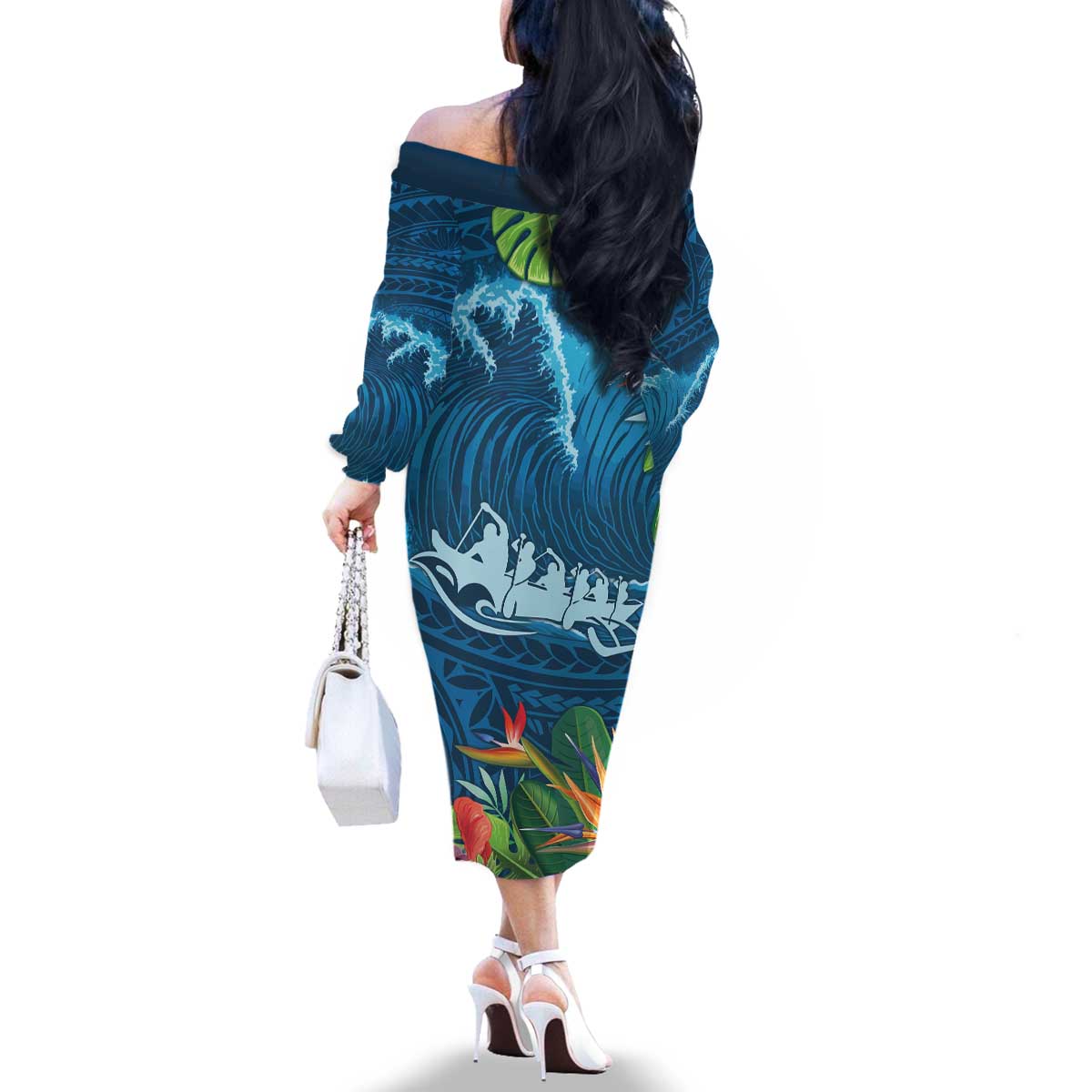 Outrigger Canoe Blue Family Matching Off The Shoulder Long Sleeve Dress and Hawaiian Shirt On The Waves
