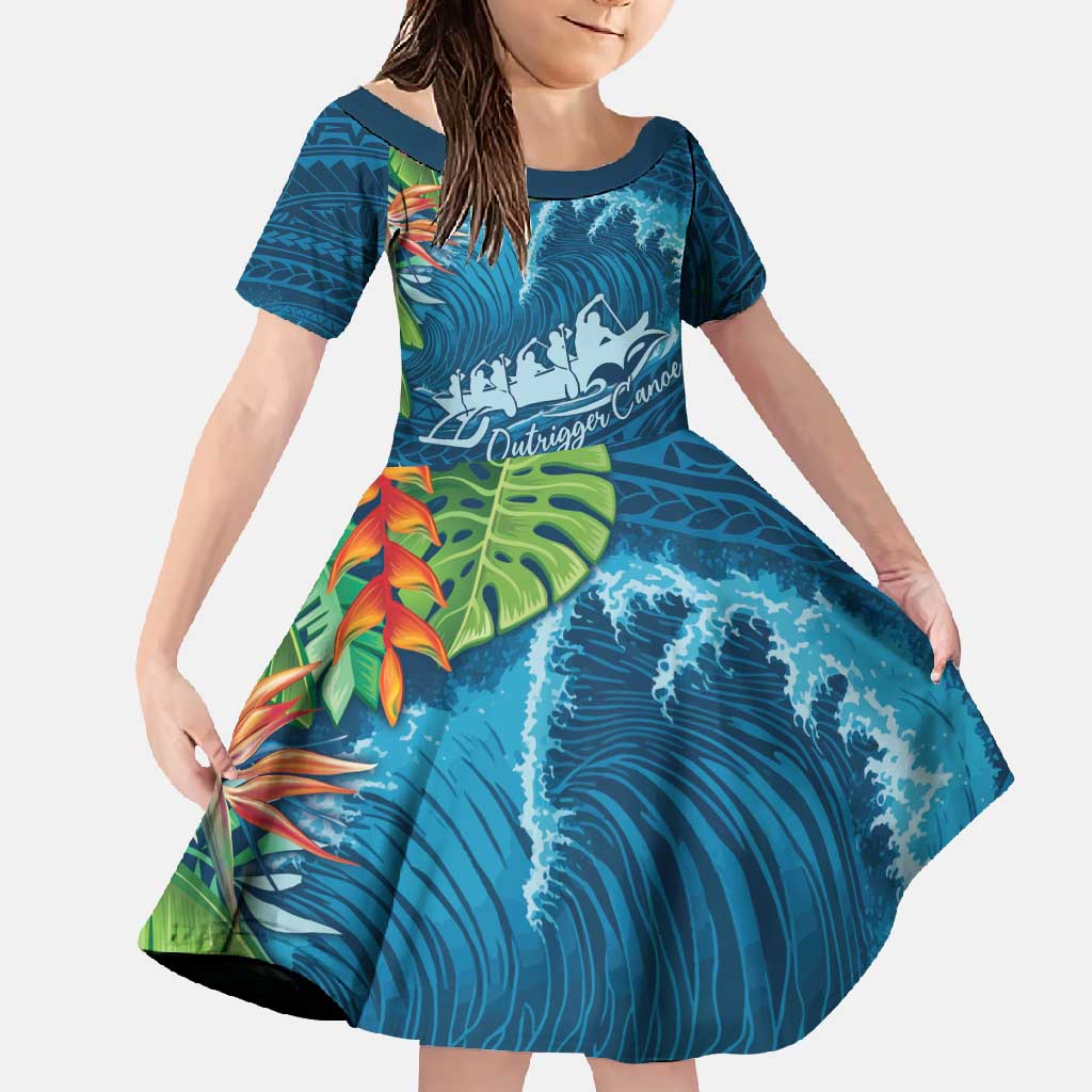 Outrigger Canoe Blue Family Matching Off Shoulder Maxi Dress and Hawaiian Shirt On The Waves LT7 Daughter's Dress Blue - Polynesian Pride
