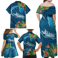 Outrigger Canoe Blue Family Matching Off Shoulder Maxi Dress and Hawaiian Shirt On The Waves LT7 - Polynesian Pride