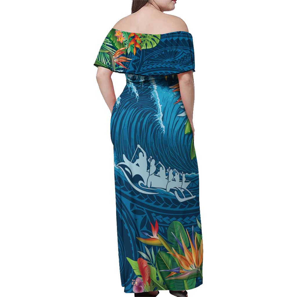 Outrigger Canoe Blue Family Matching Off Shoulder Maxi Dress and Hawaiian Shirt On The Waves LT7 - Polynesian Pride