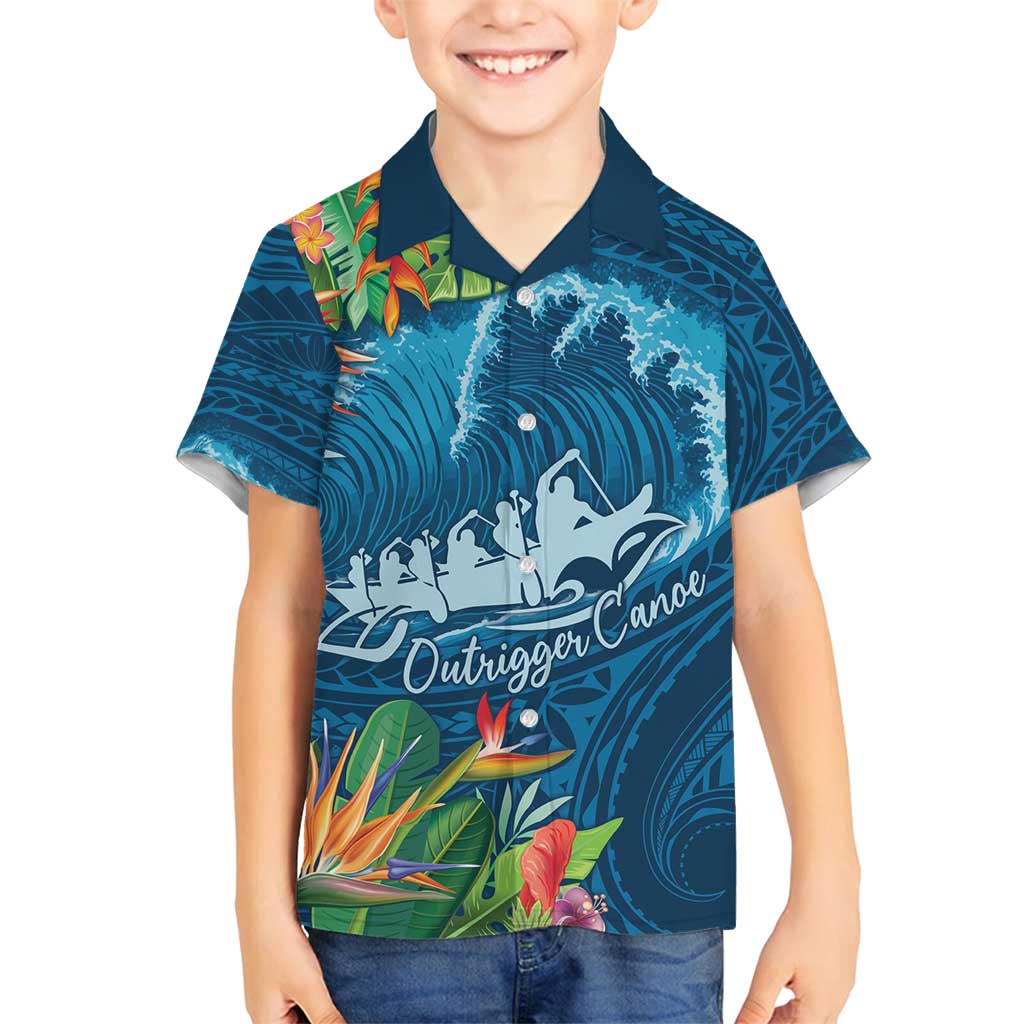 Outrigger Canoe Blue Family Matching Off Shoulder Maxi Dress and Hawaiian Shirt On The Waves LT7 Son's Shirt Blue - Polynesian Pride
