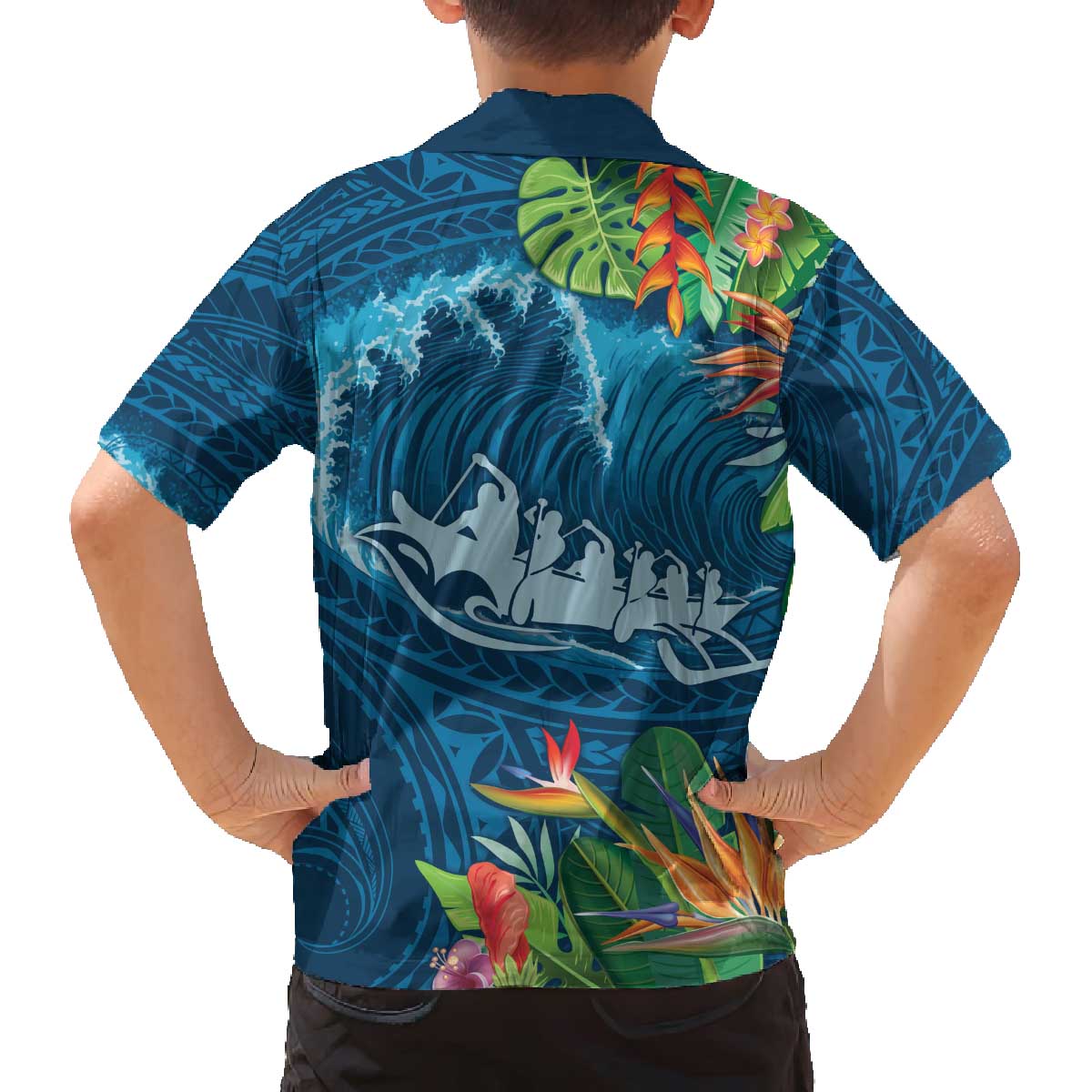 Outrigger Canoe Blue Family Matching Off Shoulder Short Dress and Hawaiian Shirt On The Waves LT7 - Polynesian Pride