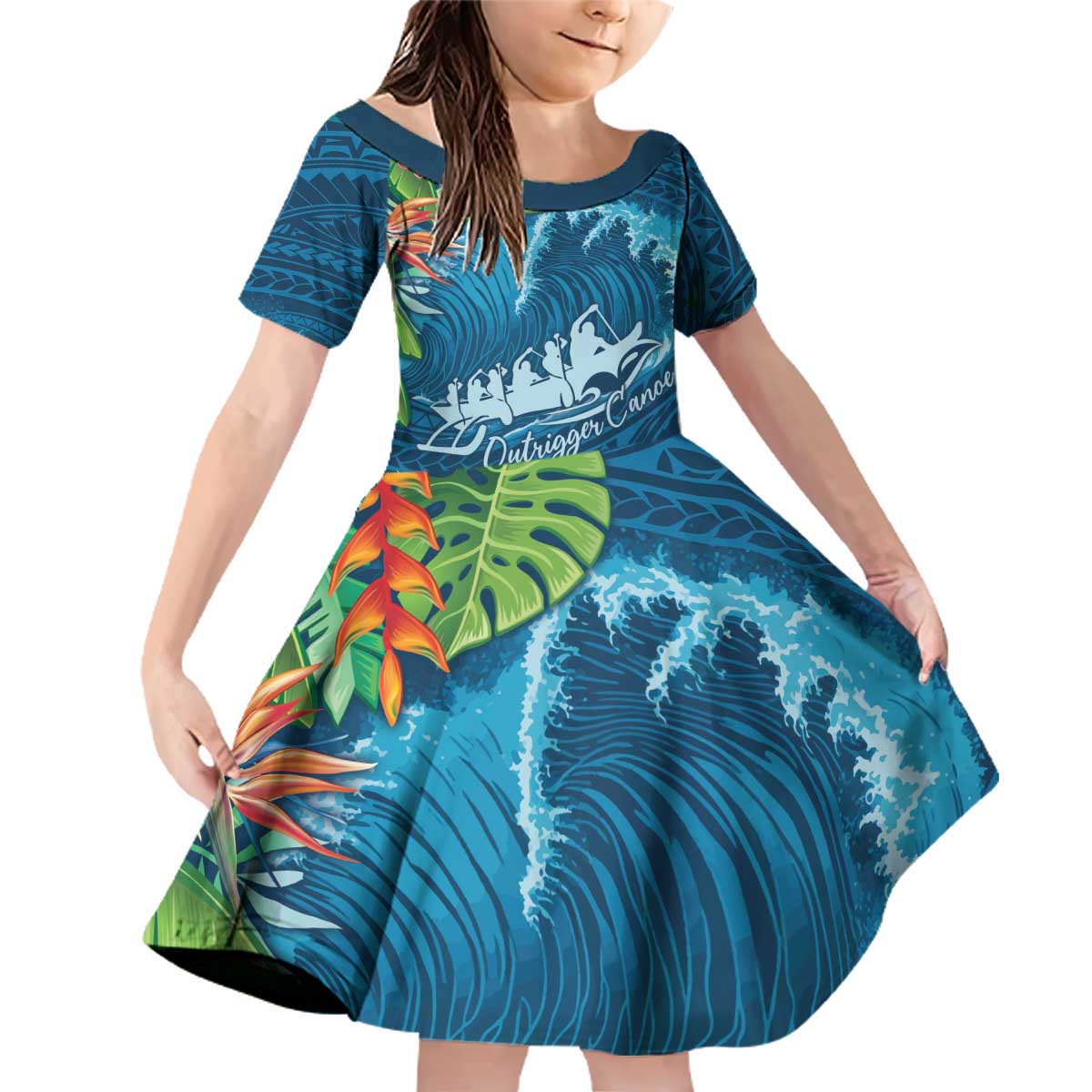 Outrigger Canoe Blue Family Matching Off Shoulder Short Dress and Hawaiian Shirt On The Waves LT7 Daughter's Dress Blue - Polynesian Pride