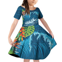 Outrigger Canoe Blue Family Matching Off Shoulder Short Dress and Hawaiian Shirt On The Waves LT7 Daughter's Dress Blue - Polynesian Pride