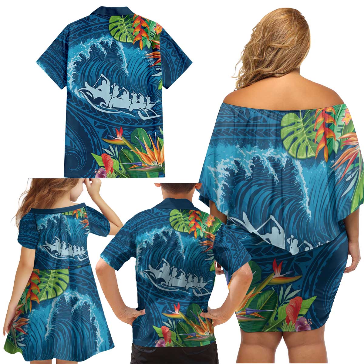 Outrigger Canoe Blue Family Matching Off Shoulder Short Dress and Hawaiian Shirt On The Waves LT7 - Polynesian Pride