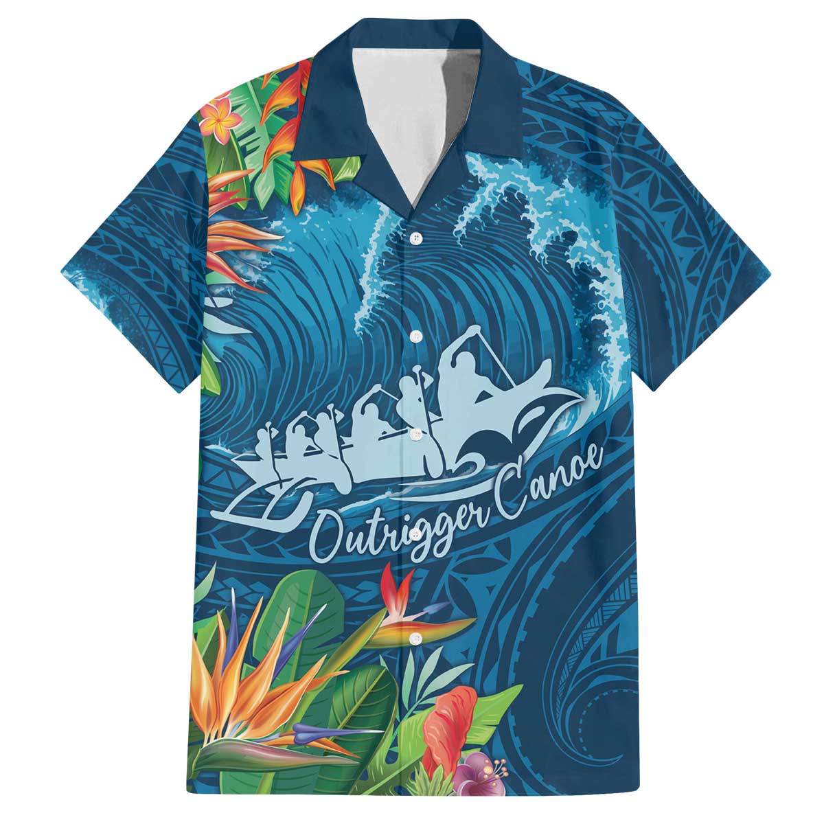 Outrigger Canoe Blue Family Matching Off Shoulder Short Dress and Hawaiian Shirt On The Waves LT7 Dad's Shirt - Short Sleeve Blue - Polynesian Pride