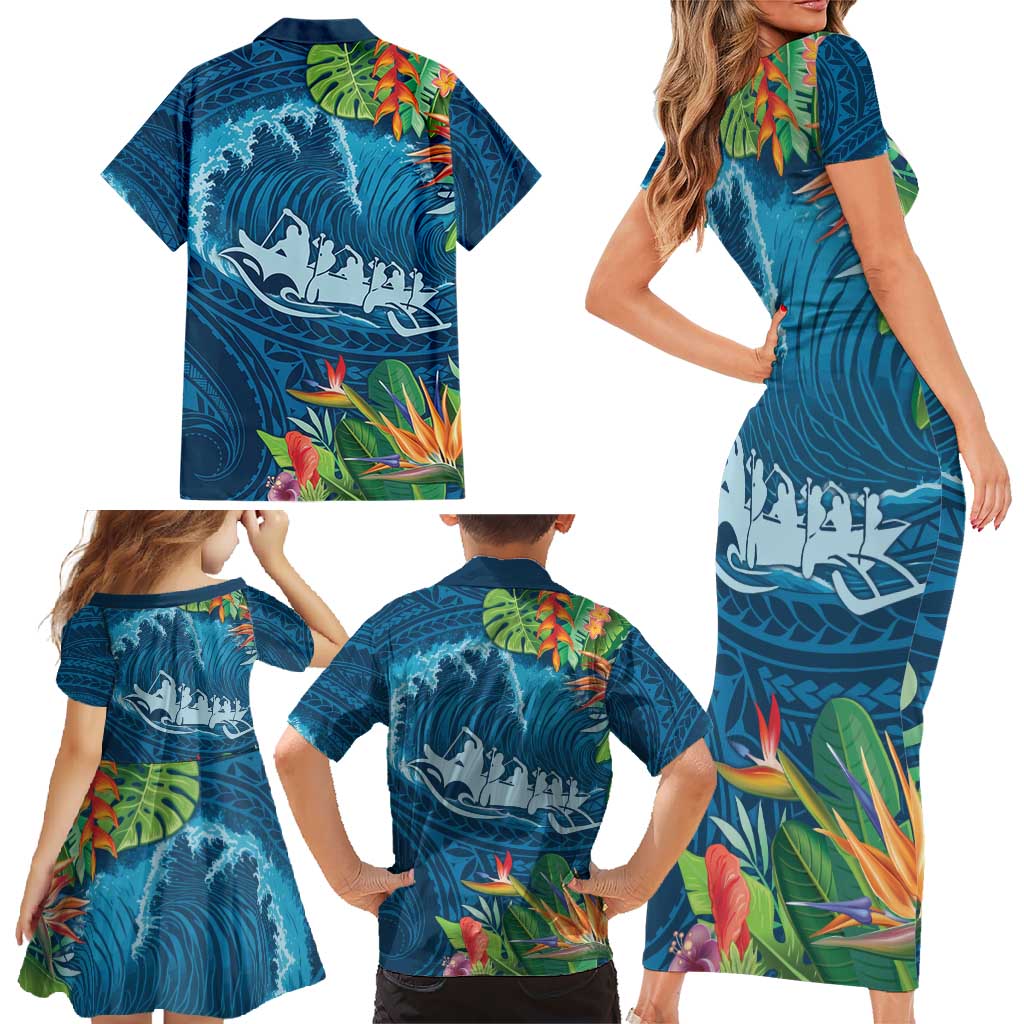 Outrigger Canoe Blue Family Matching Short Sleeve Bodycon Dress and Hawaiian Shirt On The Waves LT7 - Polynesian Pride
