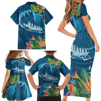 Outrigger Canoe Blue Family Matching Short Sleeve Bodycon Dress and Hawaiian Shirt On The Waves LT7 - Polynesian Pride