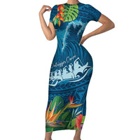 Outrigger Canoe Blue Family Matching Short Sleeve Bodycon Dress and Hawaiian Shirt On The Waves LT7 Mom's Dress Blue - Polynesian Pride