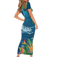 Outrigger Canoe Blue Family Matching Short Sleeve Bodycon Dress and Hawaiian Shirt On The Waves LT7 - Polynesian Pride