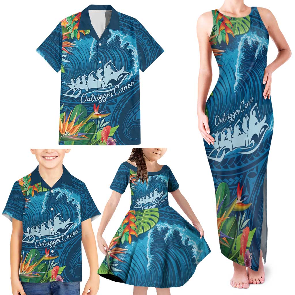 Outrigger Canoe Blue Family Matching Tank Maxi Dress and Hawaiian Shirt On The Waves LT7 - Polynesian Pride