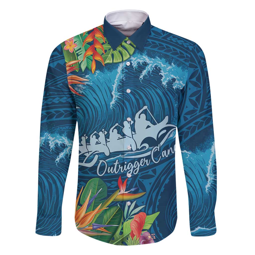 Outrigger Canoe Blue Family Matching Tank Maxi Dress and Hawaiian Shirt On The Waves LT7 Dad's Shirt - Long Sleeve Blue - Polynesian Pride