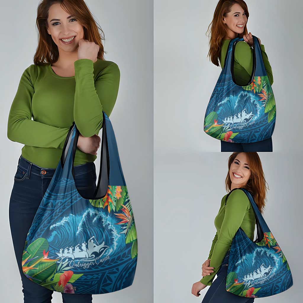 Outrigger Canoe Blue Grocery Bag On The Waves