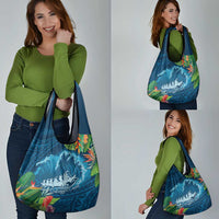 Outrigger Canoe Blue Grocery Bag On The Waves