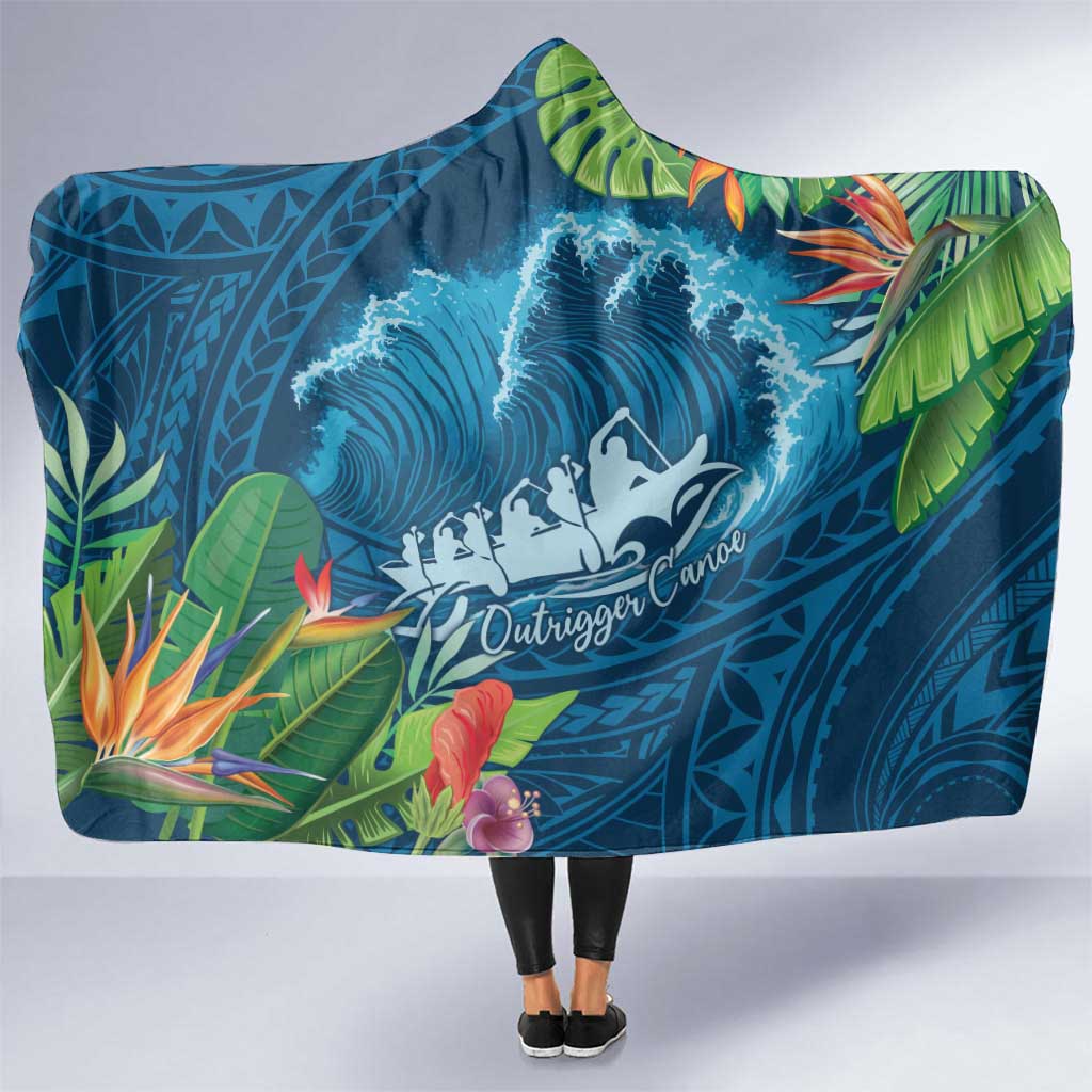 Outrigger Canoe Blue Hooded Blanket On The Waves