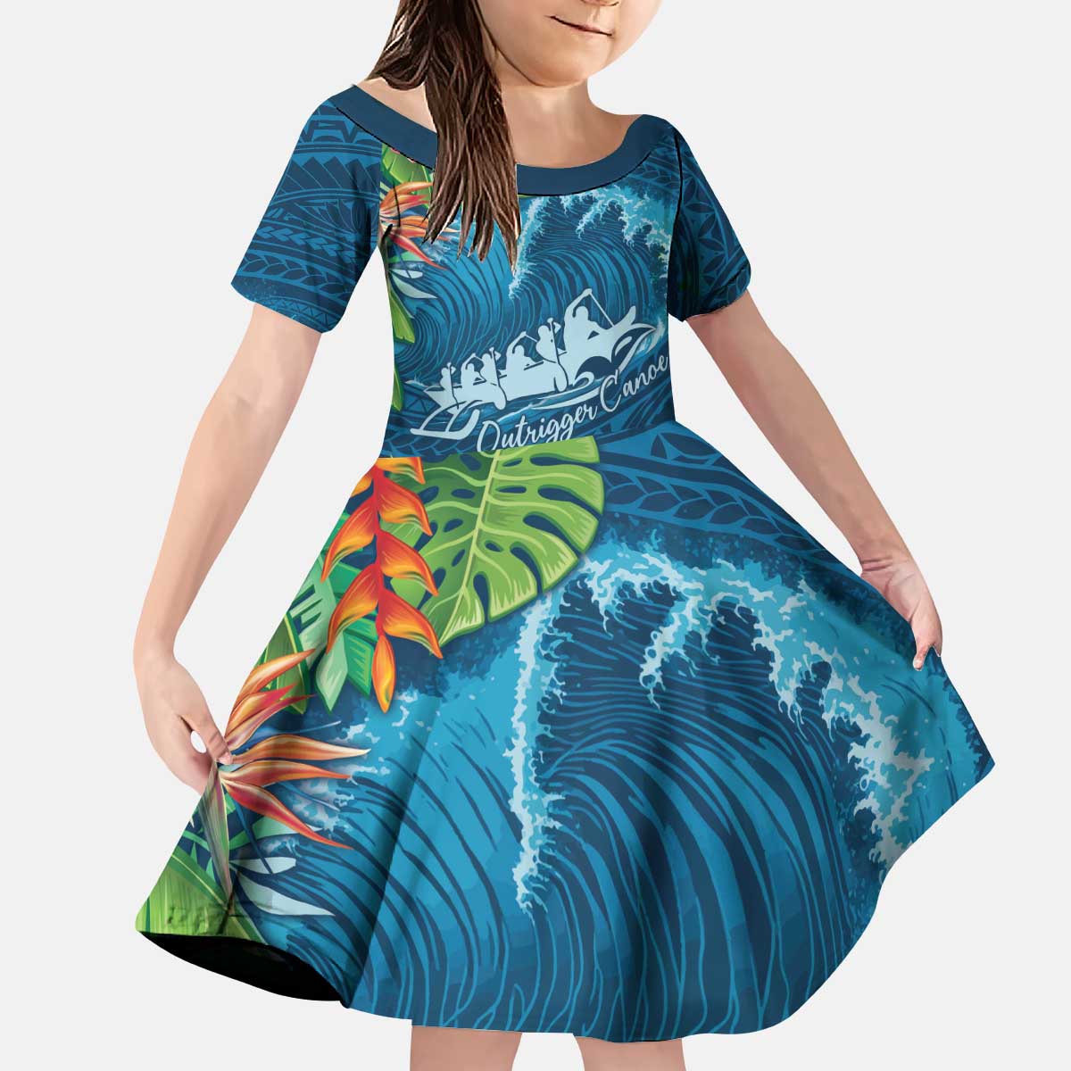 Outrigger Canoe Blue Kid Short Sleeve Dress On The Waves LT7 KID Blue - Polynesian Pride