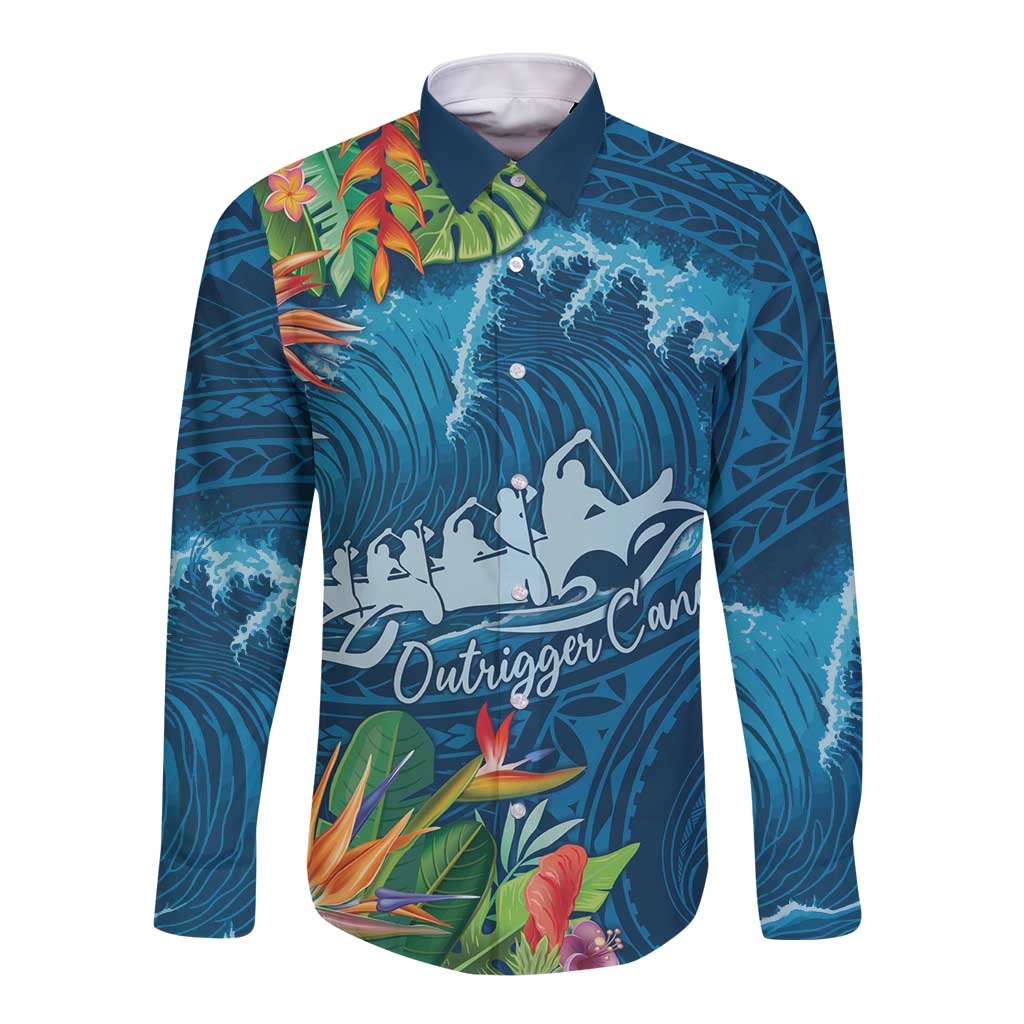 Outrigger Canoe Blue Long Sleeve Button Shirt On The Waves LT7 Unisex Blue - Polynesian Pride