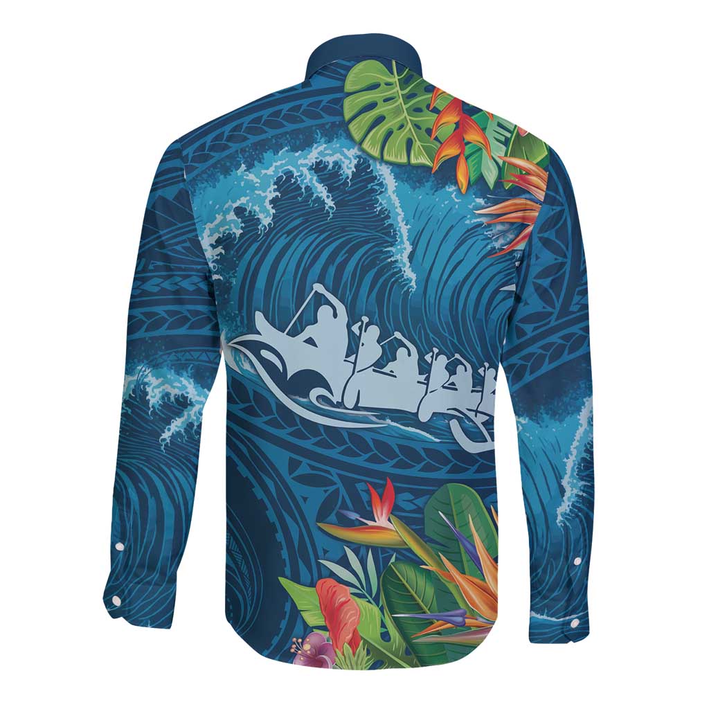 Outrigger Canoe Blue Long Sleeve Button Shirt On The Waves LT7 - Polynesian Pride