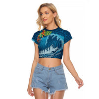 Outrigger Canoe Blue Raglan Cropped T Shirt On The Waves LT7 Female Blue - Polynesian Pride
