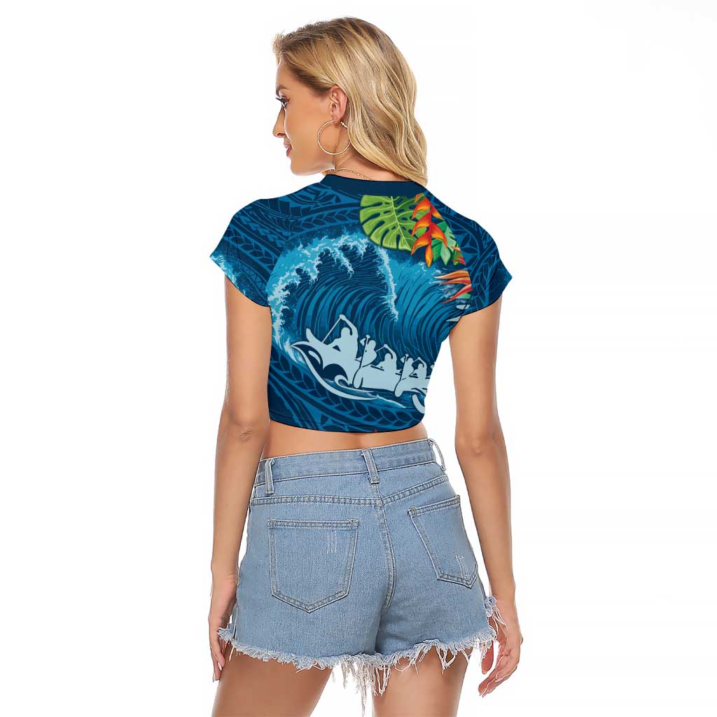Outrigger Canoe Blue Raglan Cropped T Shirt On The Waves LT7 - Polynesian Pride