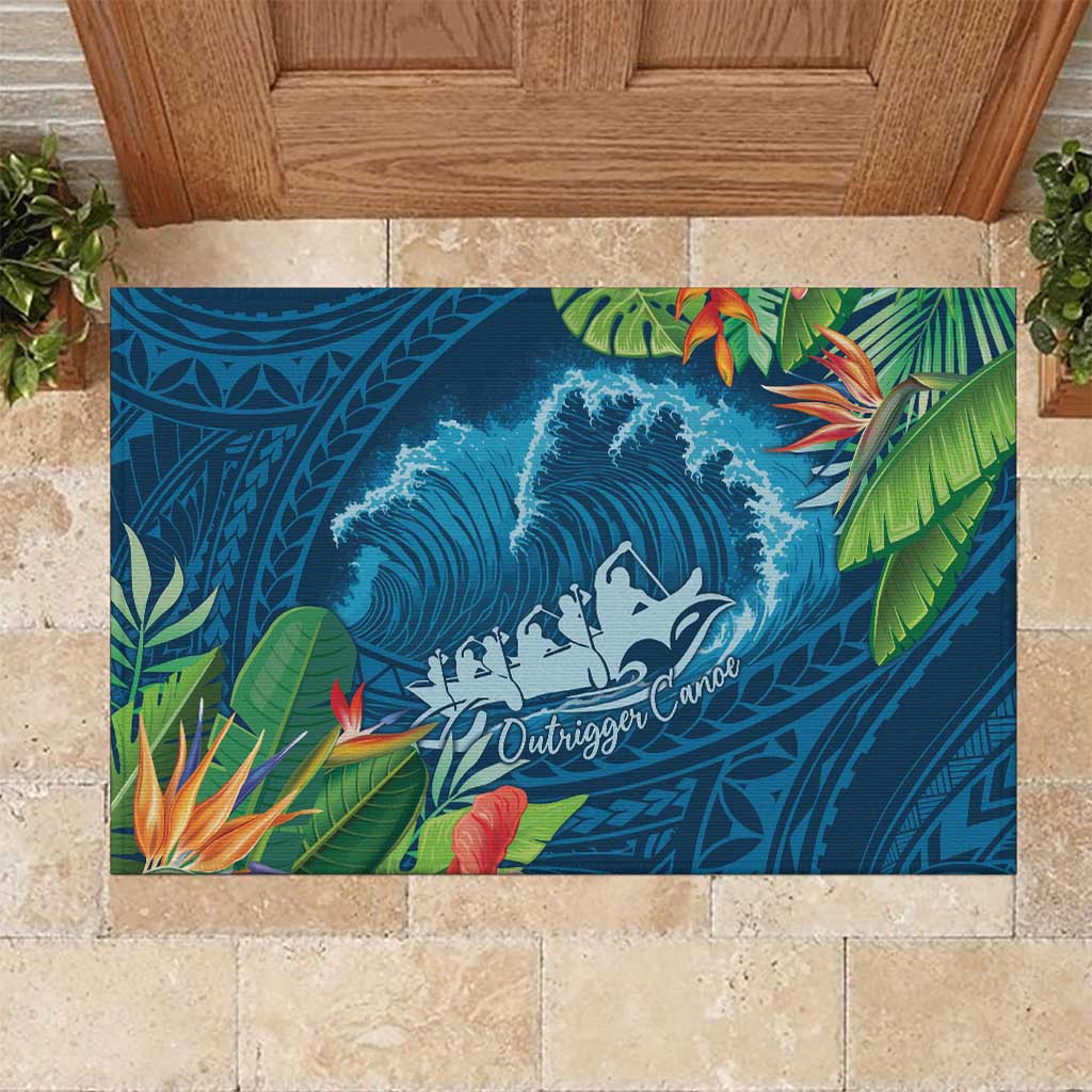 Outrigger Canoe Blue Rubber Doormat On The Waves