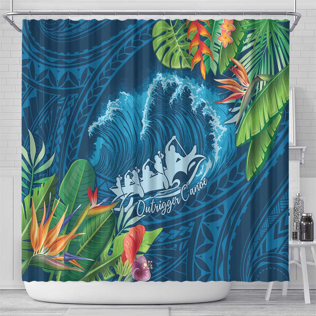 Outrigger Canoe Blue Shower Curtain On The Waves LT7 - Polynesian Pride