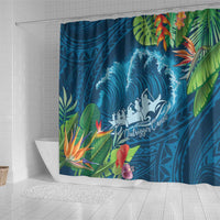 Outrigger Canoe Blue Shower Curtain On The Waves LT7 - Polynesian Pride