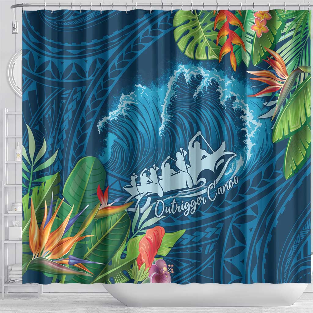 Outrigger Canoe Blue Shower Curtain On The Waves LT7 - Polynesian Pride
