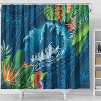 Outrigger Canoe Blue Shower Curtain On The Waves LT7 - Polynesian Pride