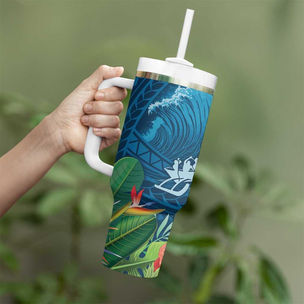 Outrigger Canoe Blue Tumbler With Handle On The Waves LT7 - Polynesian Pride
