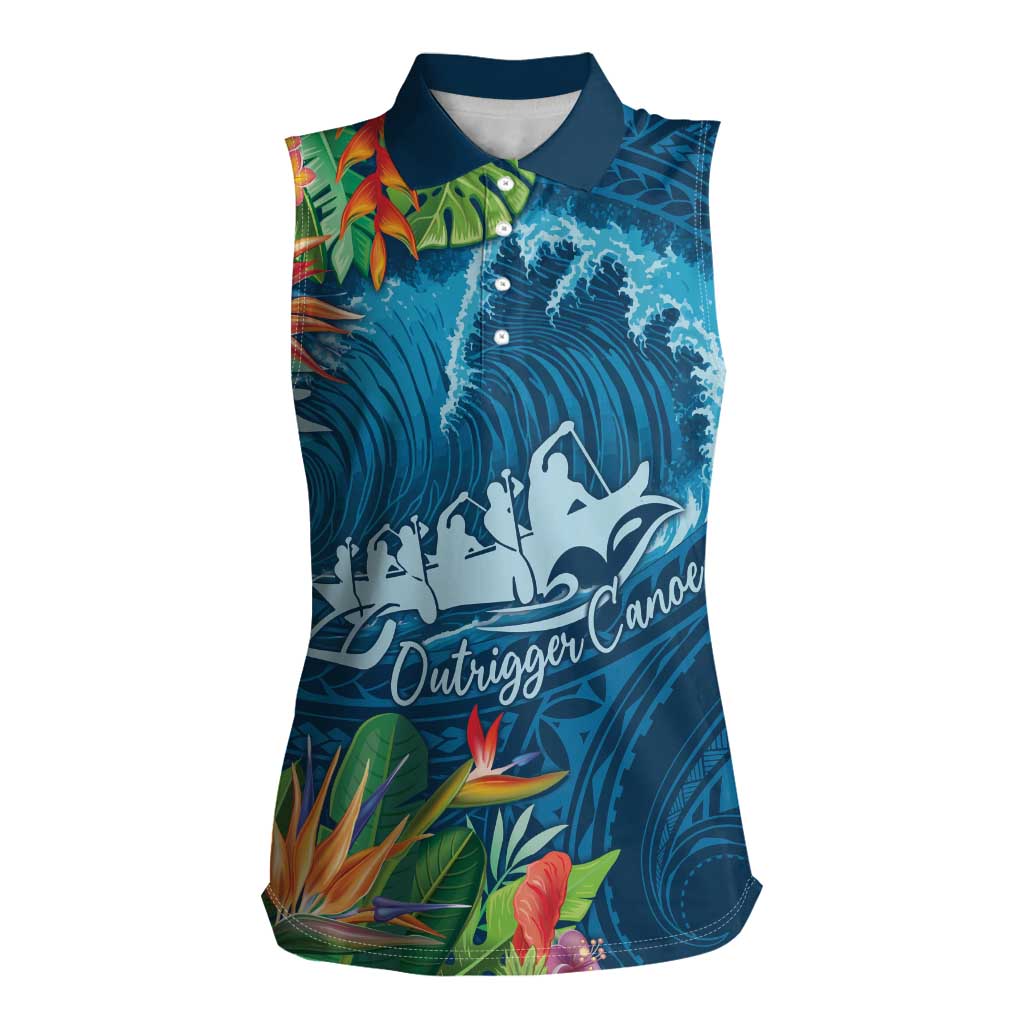 Outrigger Canoe Blue Women Sleeveless Polo Shirt On The Waves LT7 Female Blue - Polynesian Pride