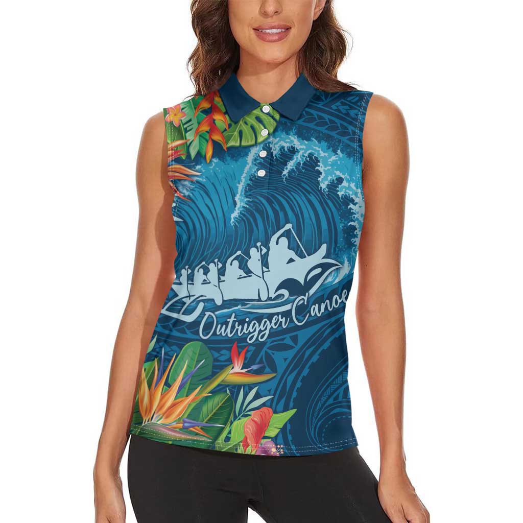 Outrigger Canoe Blue Women Sleeveless Polo Shirt On The Waves LT7 - Polynesian Pride