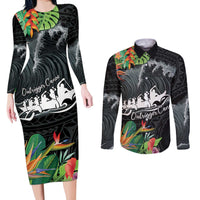 Outrigger Canoe Black Couples Matching Long Sleeve Bodycon Dress and Long Sleeve Button Shirt On The Waves