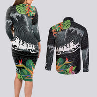 Outrigger Canoe Black Couples Matching Long Sleeve Bodycon Dress and Long Sleeve Button Shirt On The Waves