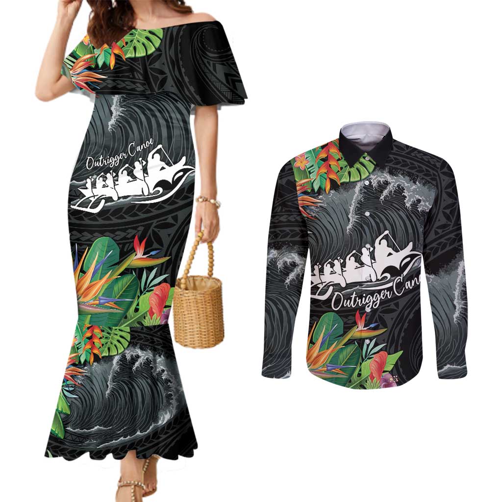 Outrigger Canoe Black Couples Matching Mermaid Dress and Long Sleeve Button Shirt On The Waves