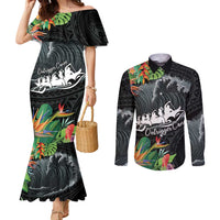 Outrigger Canoe Black Couples Matching Mermaid Dress and Long Sleeve Button Shirt On The Waves