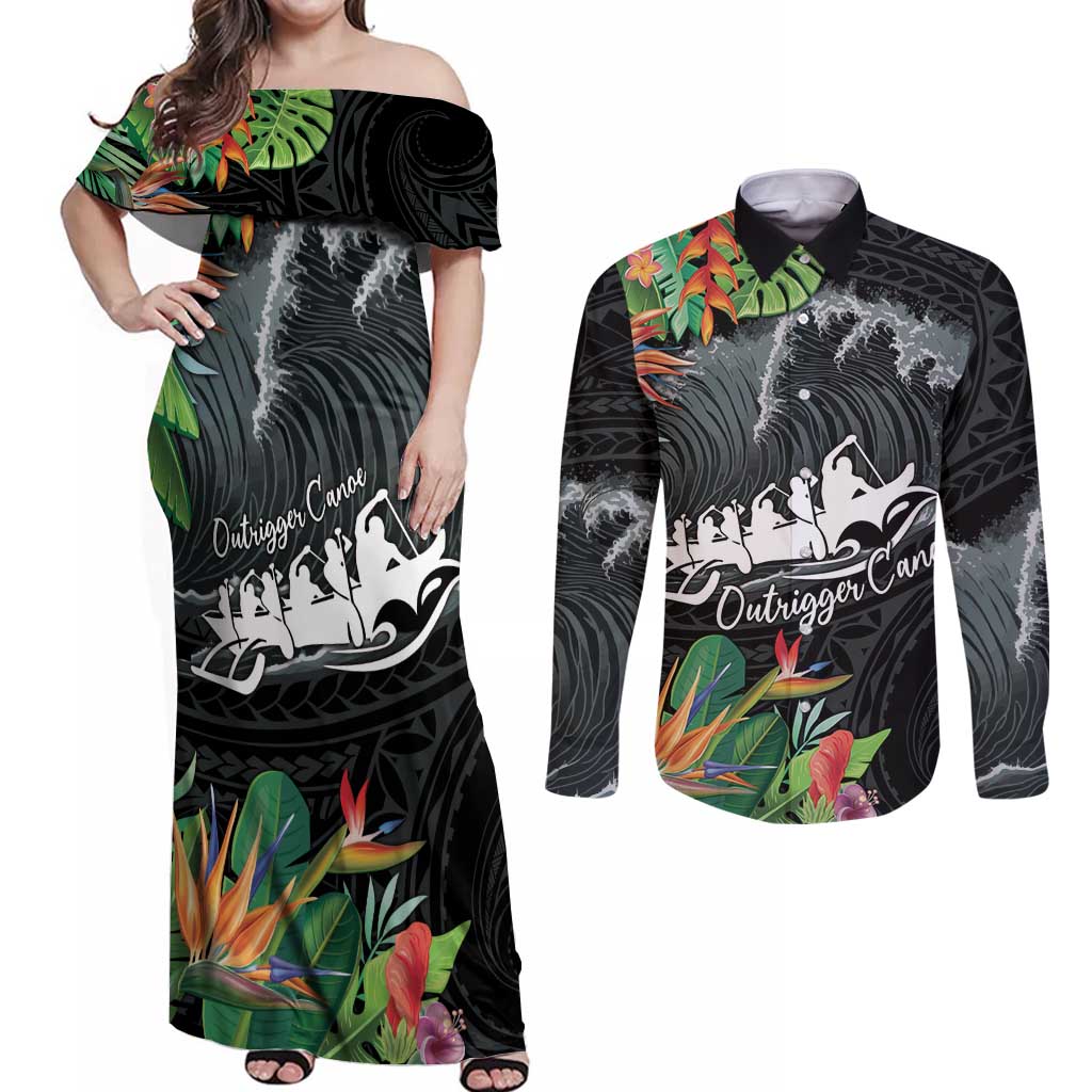 Outrigger Canoe Black Couples Matching Off Shoulder Maxi Dress and Long Sleeve Button Shirt On The Waves