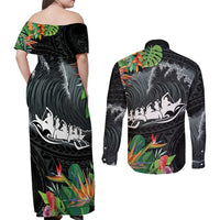 Outrigger Canoe Black Couples Matching Off Shoulder Maxi Dress and Long Sleeve Button Shirt On The Waves