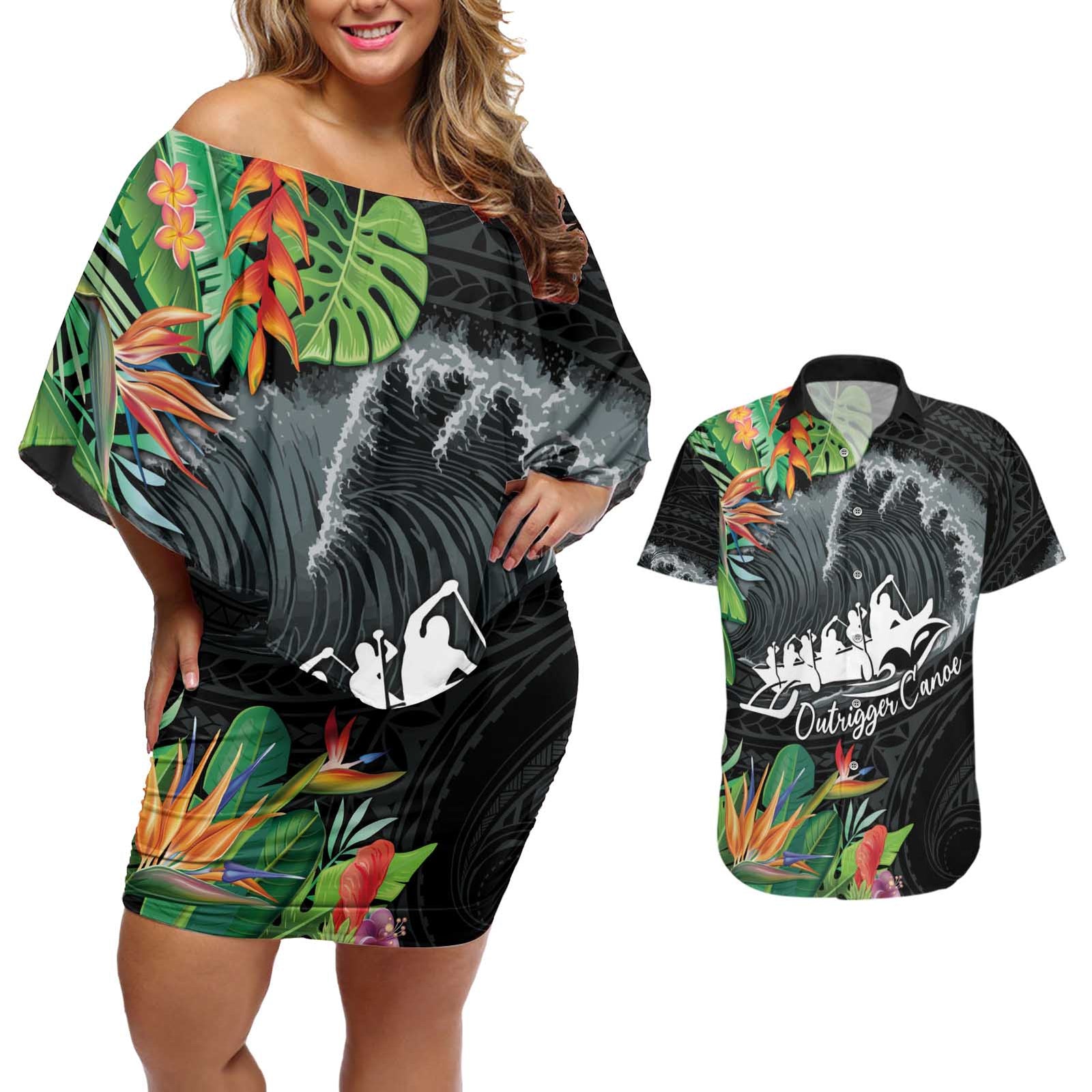 Outrigger Canoe Black Couples Matching Off Shoulder Short Dress and Hawaiian Shirt On The Waves