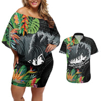 Outrigger Canoe Black Couples Matching Off Shoulder Short Dress and Hawaiian Shirt On The Waves