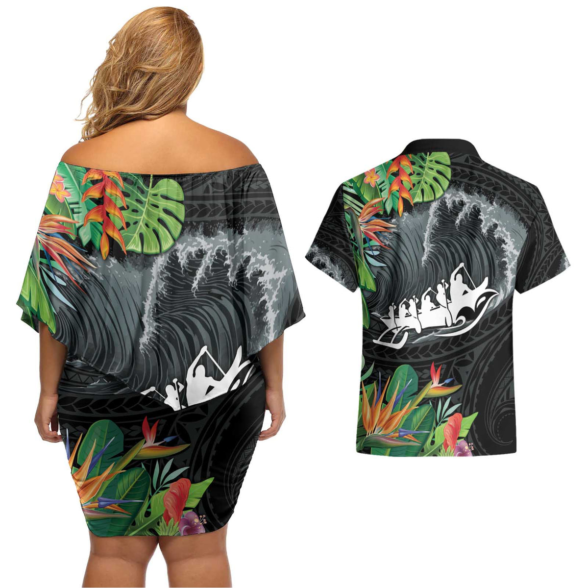 Outrigger Canoe Black Couples Matching Off Shoulder Short Dress and Hawaiian Shirt On The Waves
