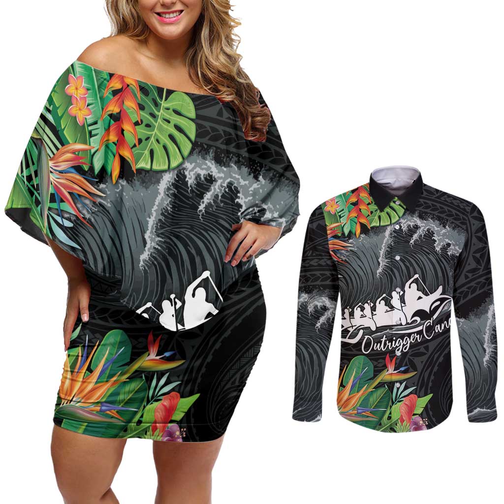 Outrigger Canoe Black Couples Matching Off Shoulder Short Dress and Long Sleeve Button Shirt On The Waves