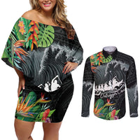 Outrigger Canoe Black Couples Matching Off Shoulder Short Dress and Long Sleeve Button Shirt On The Waves